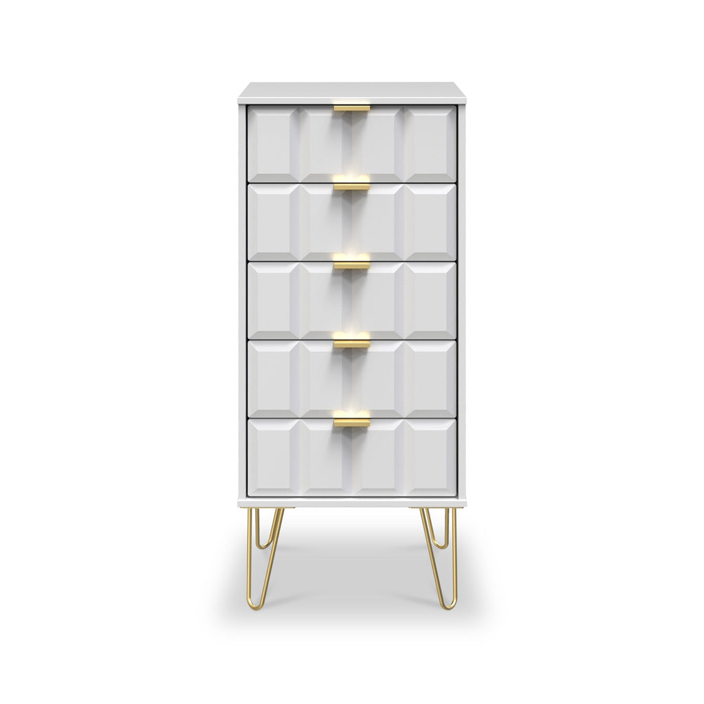 Commode haute Harlow à 5 tiroirs avec pieds en épingle à cheveux dorés