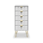 Commode haute Harlow à 5 tiroirs avec pieds en épingle à cheveux dorés