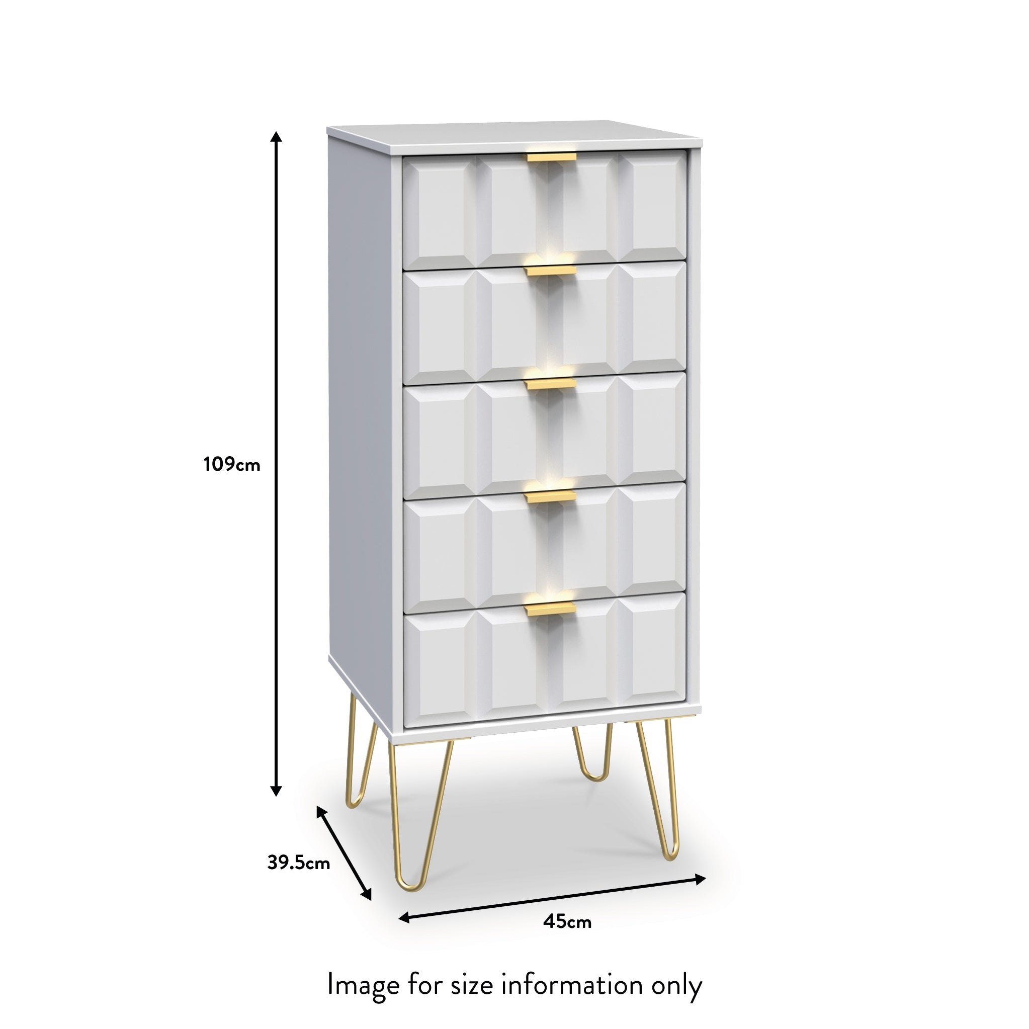 Commode haute Harlow à 5 tiroirs avec pieds en épingle à cheveux dorés