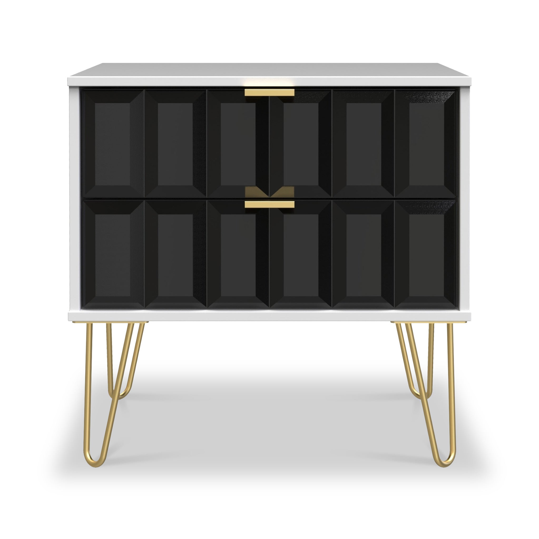 Commode utilitaire Harlow à 2 tiroirs avec pieds en épingle à cheveux dorés