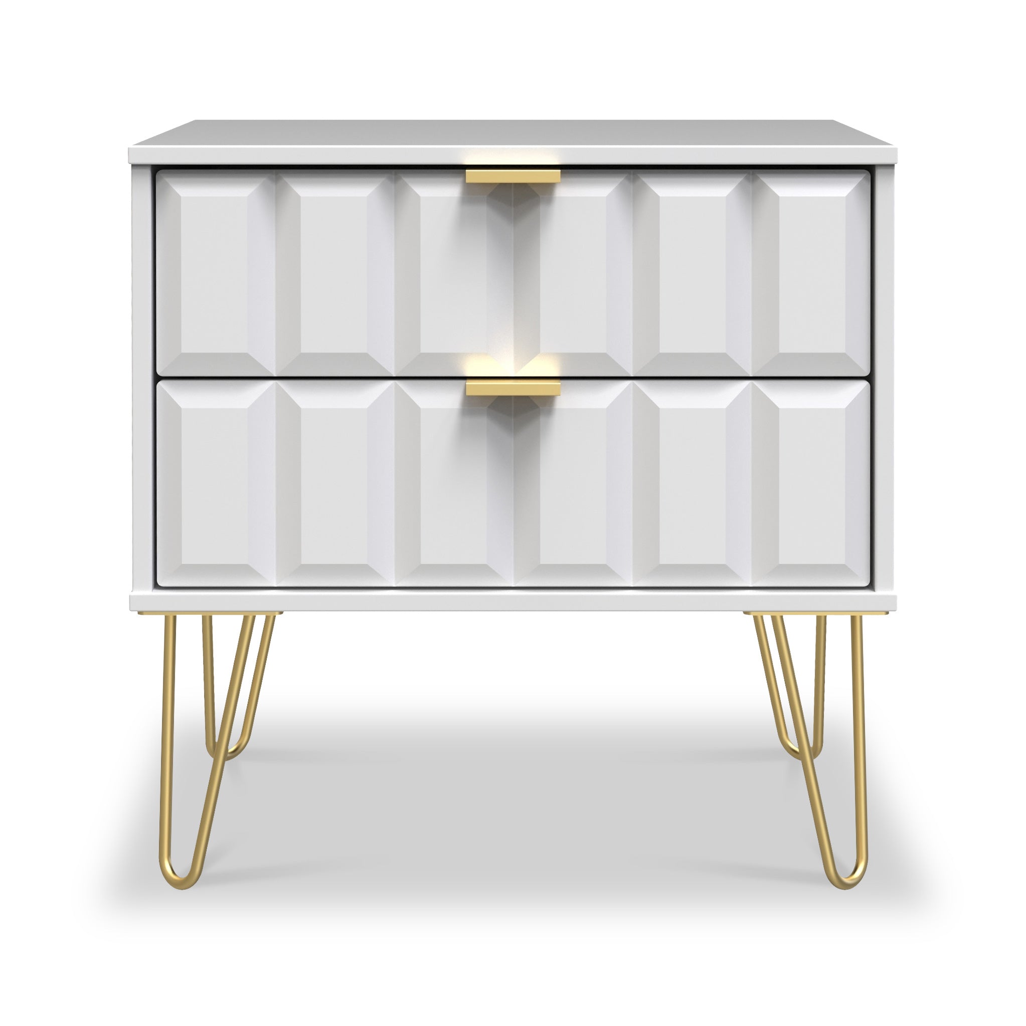 Commode utilitaire Harlow à 2 tiroirs avec pieds en épingle à cheveux dorés