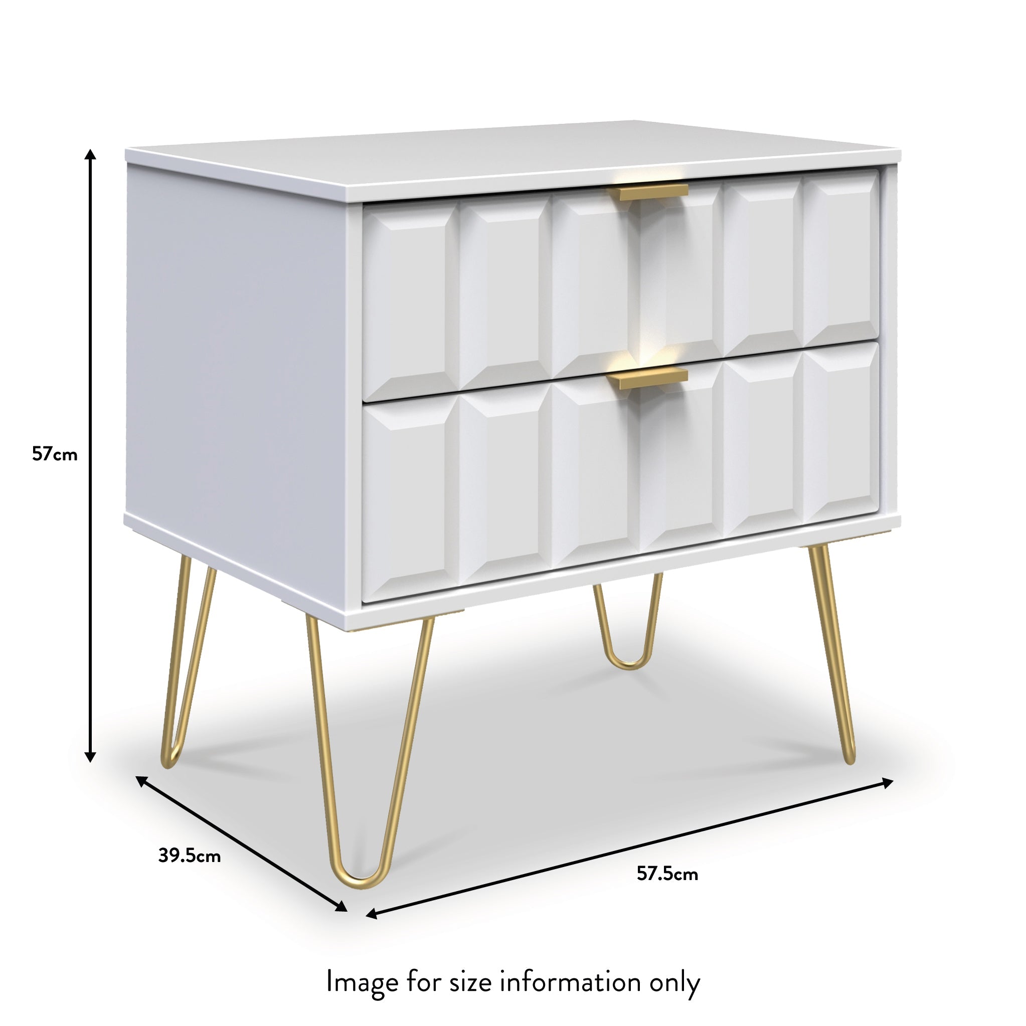 Commode utilitaire Harlow à 2 tiroirs avec pieds en épingle à cheveux dorés