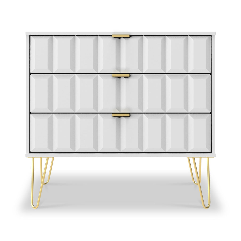 Commode Harlow à 3 tiroirs avec pieds en épingle à cheveux dorés