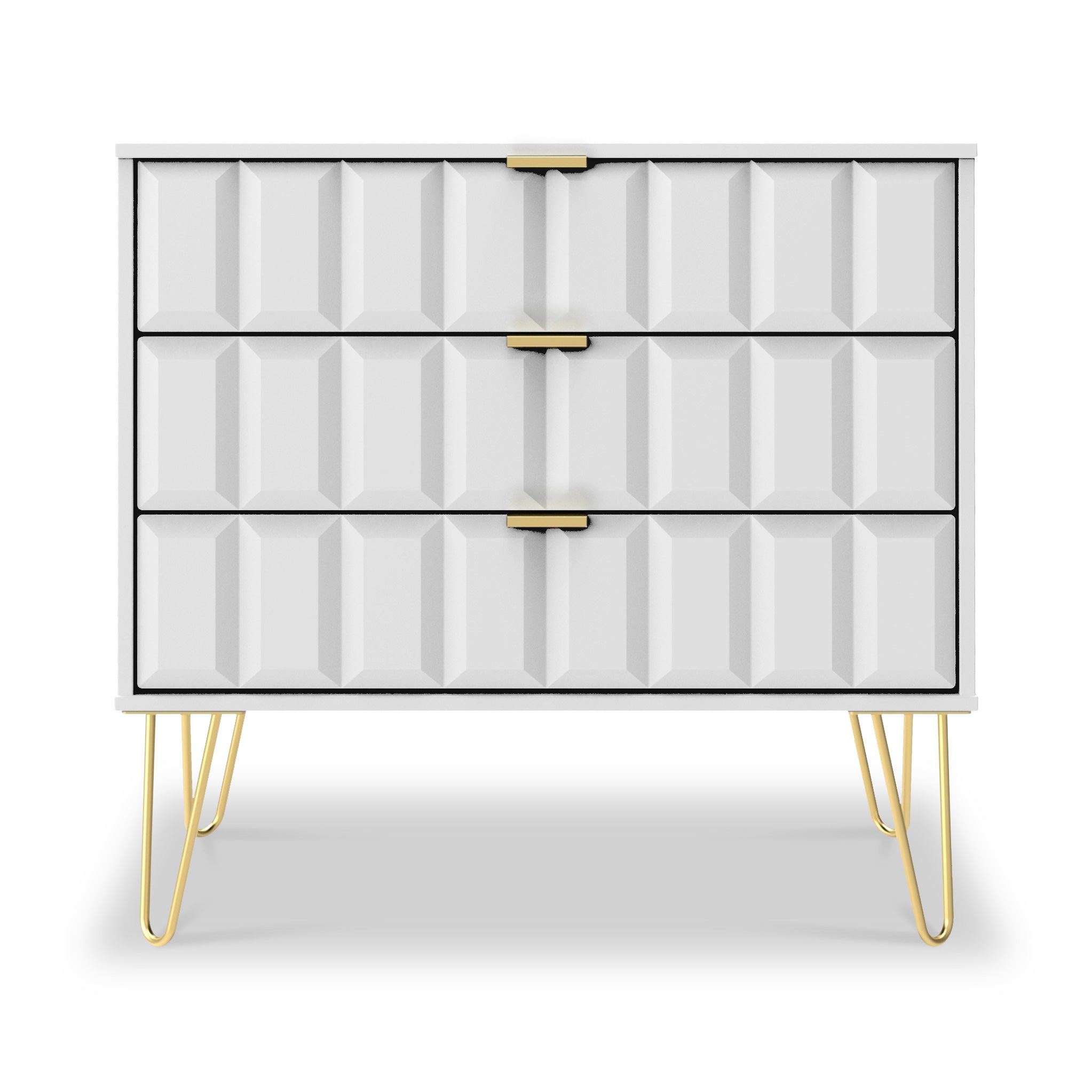 Commode Harlow à 3 tiroirs avec pieds en épingle à cheveux dorés