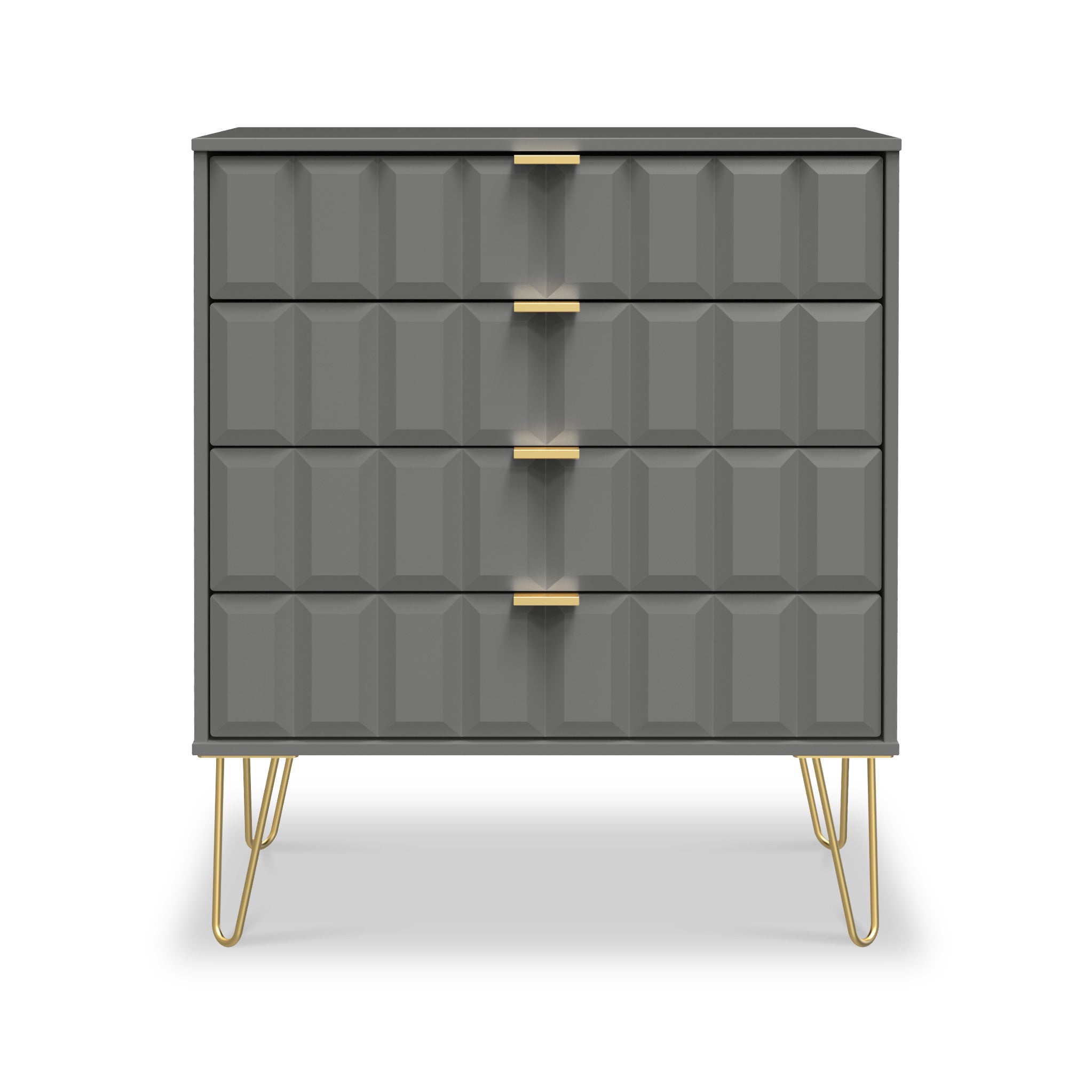 Commode Harlow à 4 tiroirs avec pieds en épingle à cheveux dorés