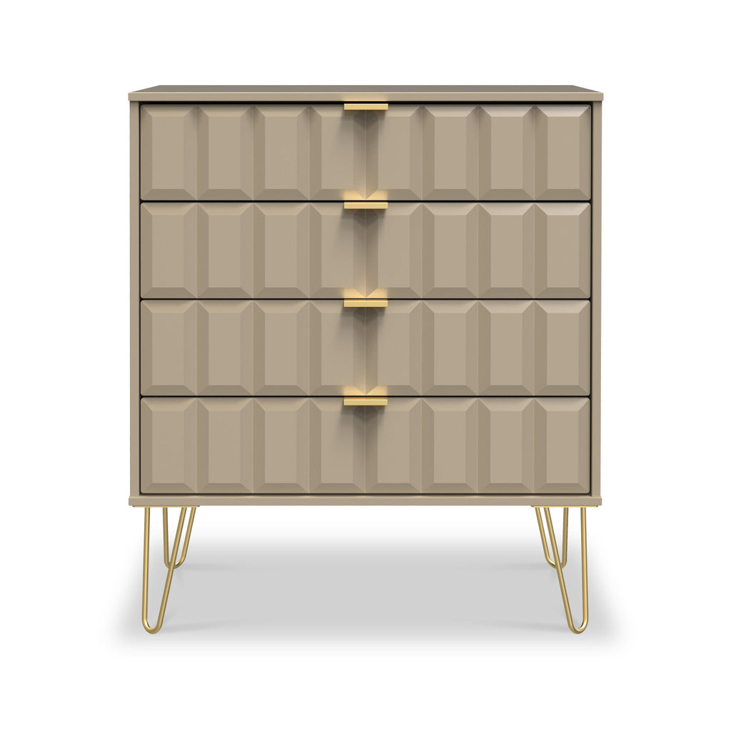 Commode Harlow à 4 tiroirs avec pieds en épingle à cheveux dorés