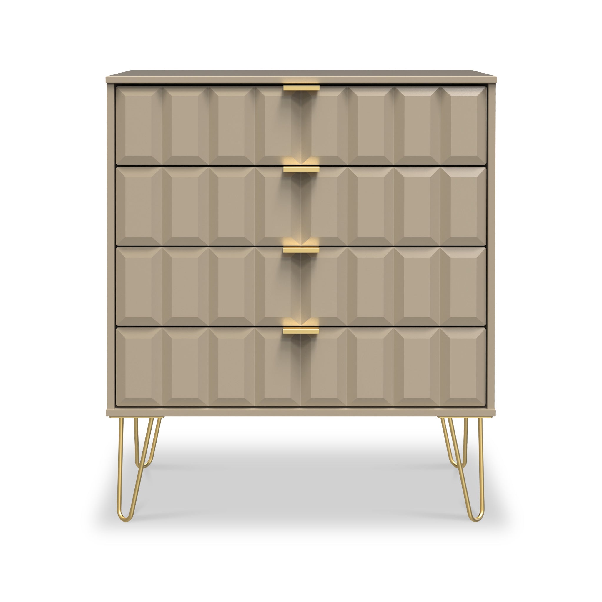 Commode Harlow à 4 tiroirs avec pieds en épingle à cheveux dorés