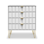 Commode Harlow à 4 tiroirs avec pieds en épingle à cheveux dorés