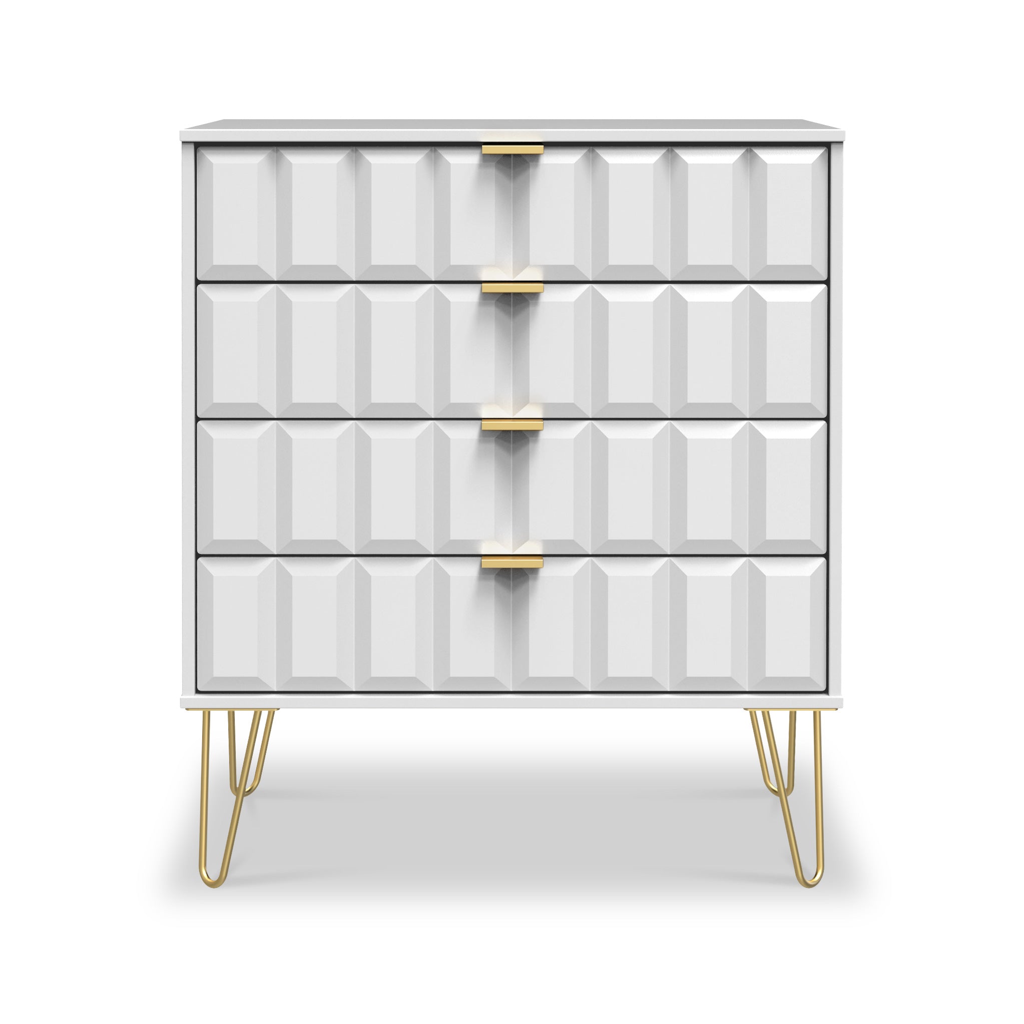 Commode Harlow à 4 tiroirs avec pieds en épingle à cheveux dorés