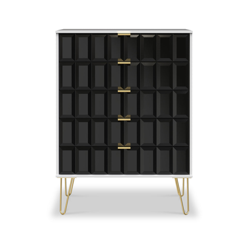 Commode Harlow à 5 tiroirs avec pieds en épingle à cheveux dorés