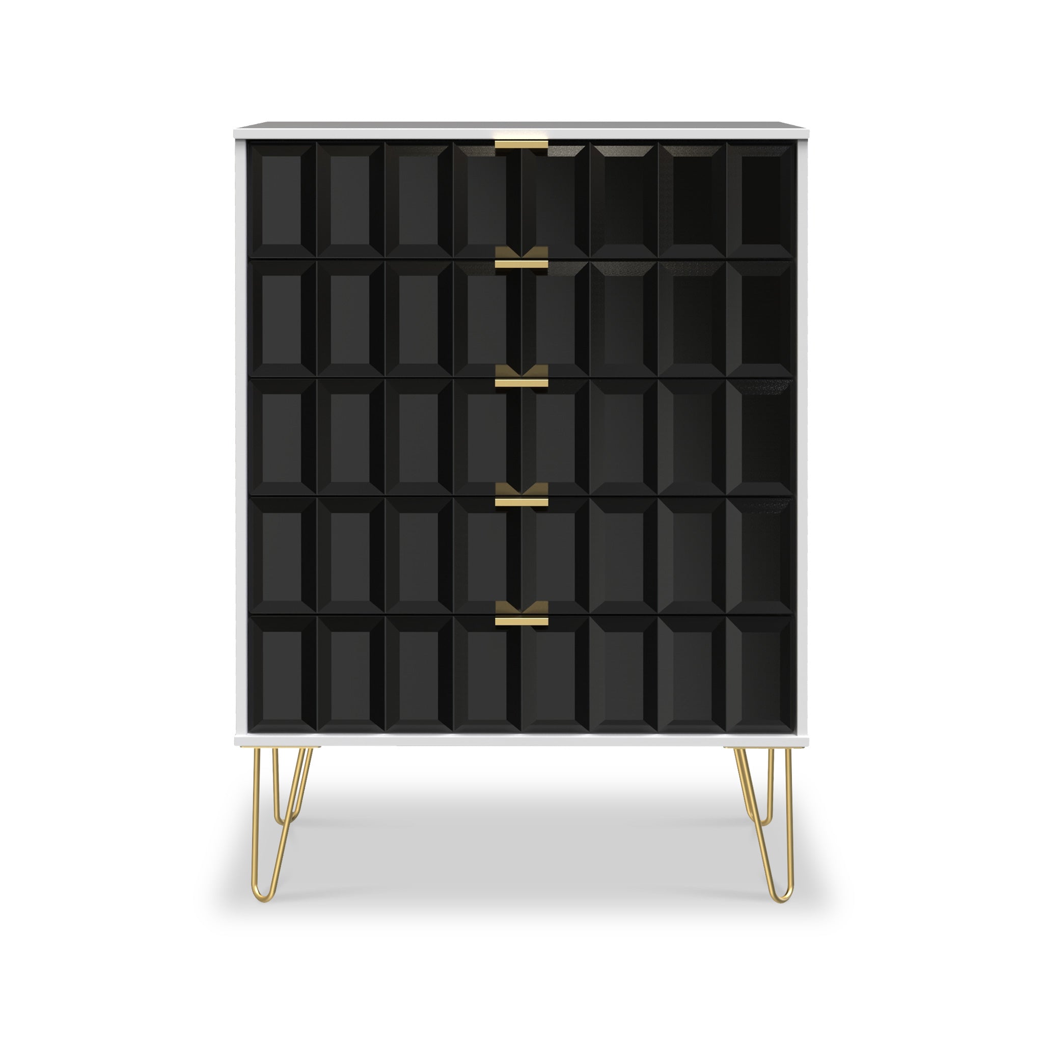 Commode Harlow à 5 tiroirs avec pieds en épingle à cheveux dorés