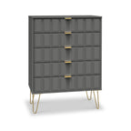 Commode Harlow à 5 tiroirs avec pieds en épingle à cheveux dorés