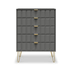 Commode Harlow à 5 tiroirs avec pieds en épingle à cheveux dorés