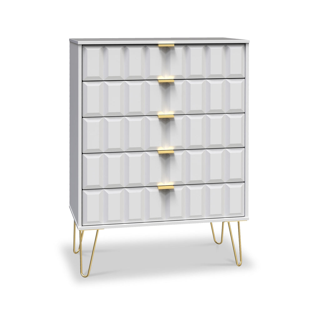 Commode Harlow à 5 tiroirs avec pieds en épingle à cheveux dorés