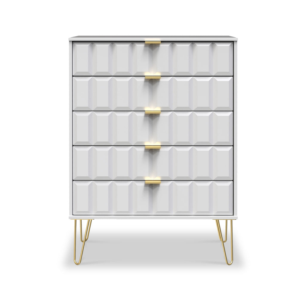 Commode Harlow à 5 tiroirs avec pieds en épingle à cheveux dorés