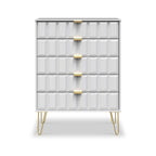 Commode Harlow à 5 tiroirs avec pieds en épingle à cheveux dorés