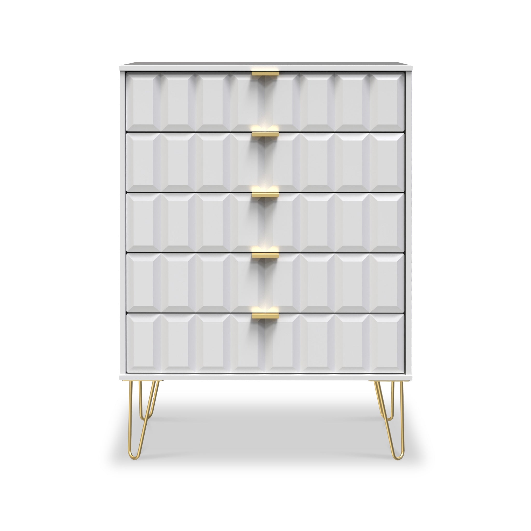 Commode Harlow à 5 tiroirs avec pieds en épingle à cheveux dorés