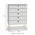 Commode Harlow à 5 tiroirs avec pieds en épingle à cheveux dorés