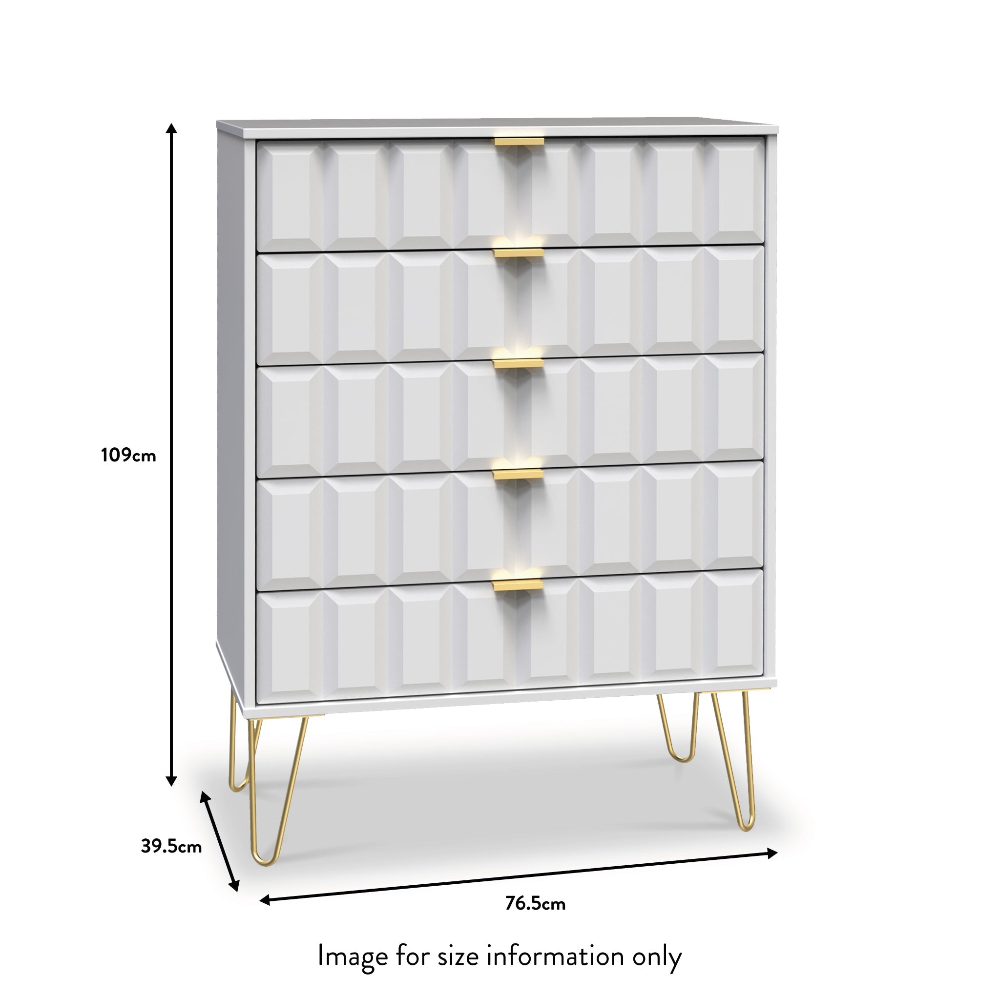 Commode Harlow à 5 tiroirs avec pieds en épingle à cheveux dorés