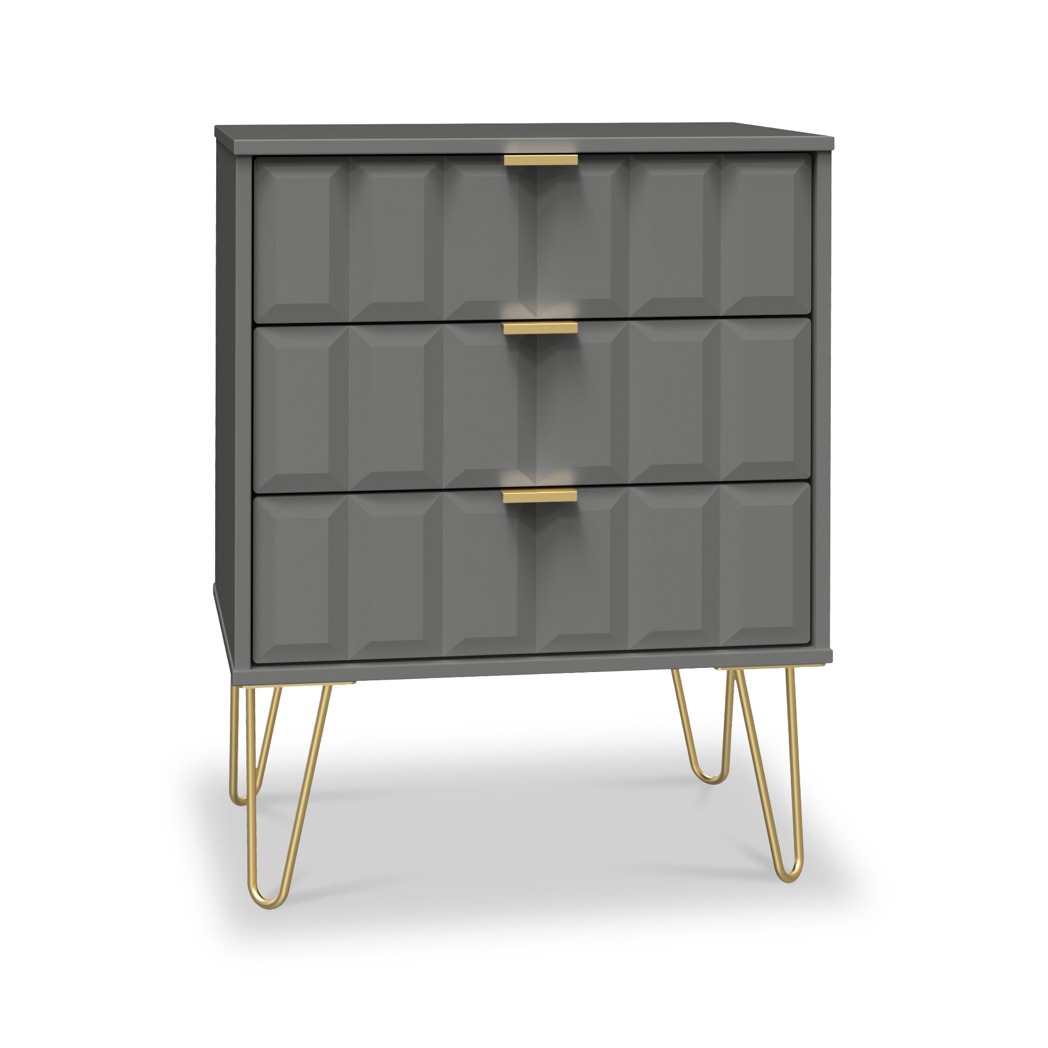 Buffet Harlow à 3 tiroirs, pieds épingle dorés