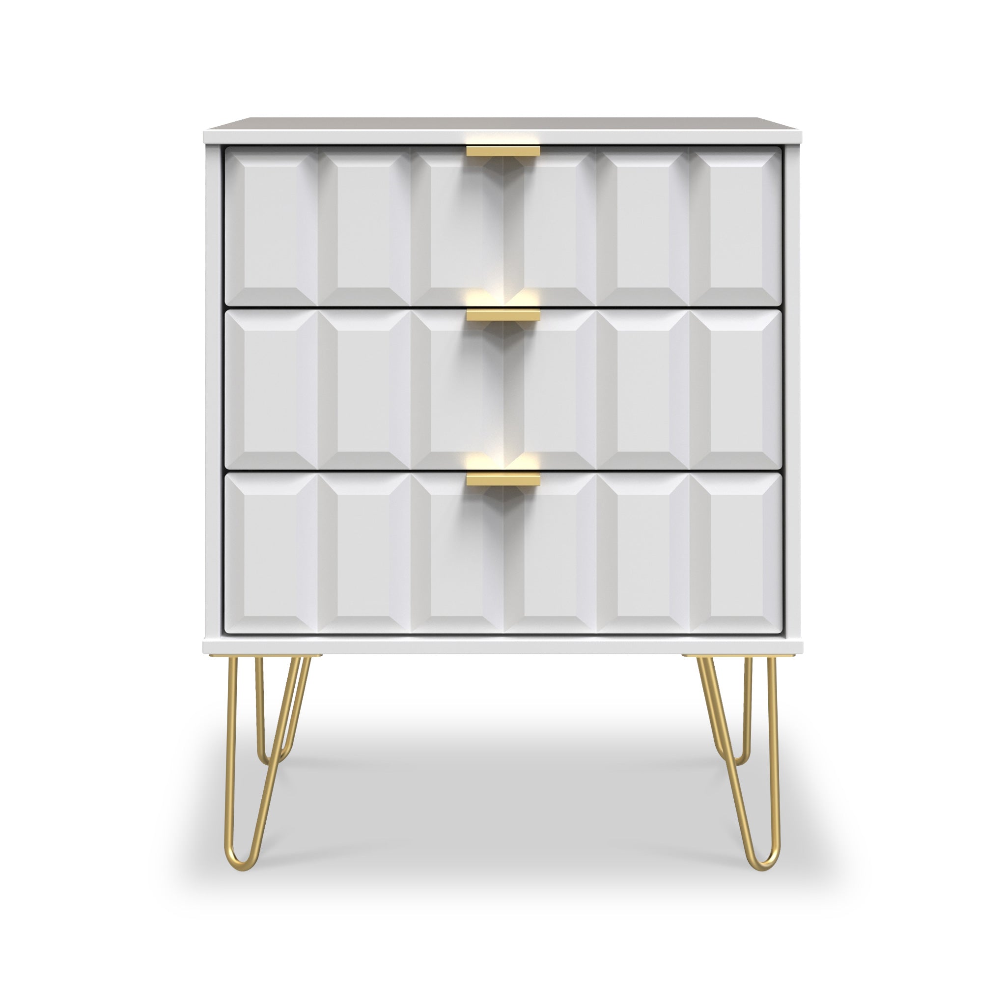 Buffet Harlow à 3 tiroirs, pieds épingle dorés