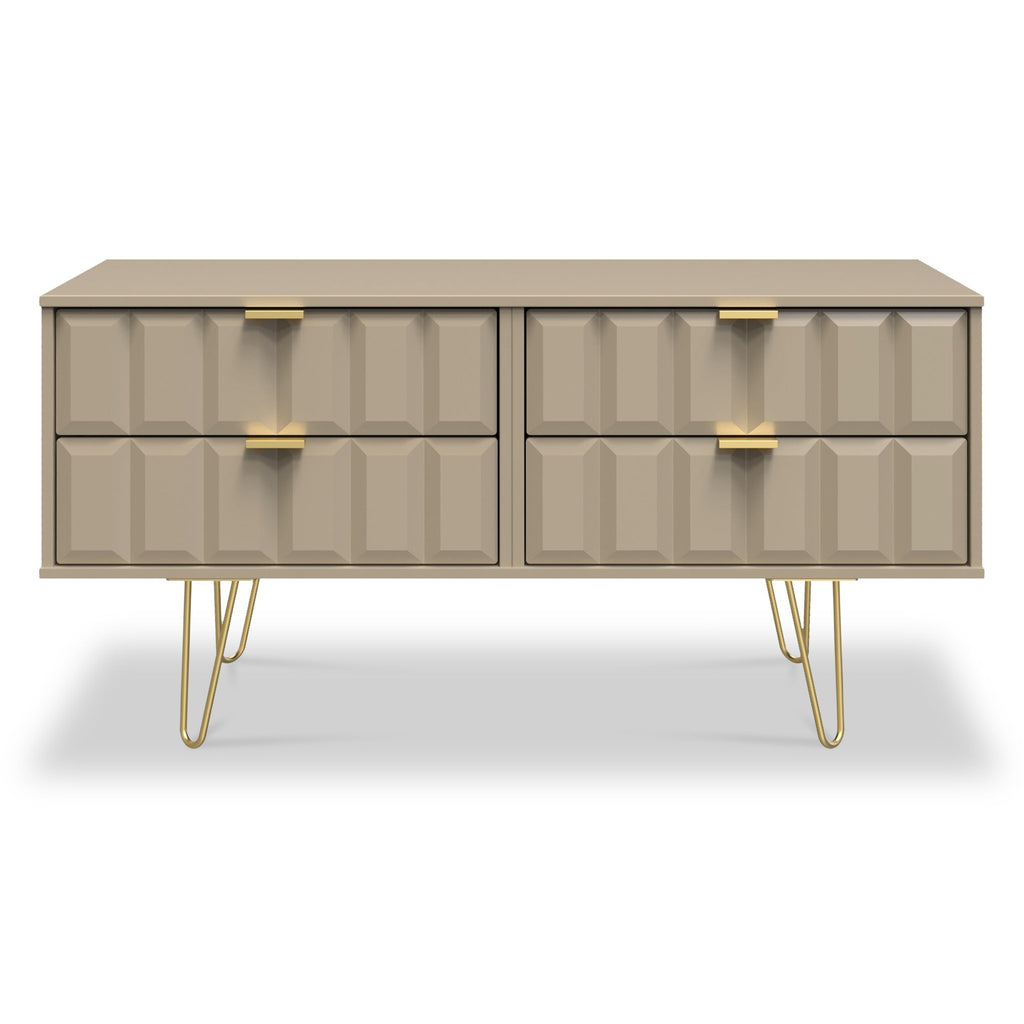 Meuble TV bas Harlow à 4 tiroirs avec pieds en épingle à cheveux dorés