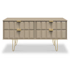 Meuble TV bas Harlow à 4 tiroirs avec pieds en épingle à cheveux dorés