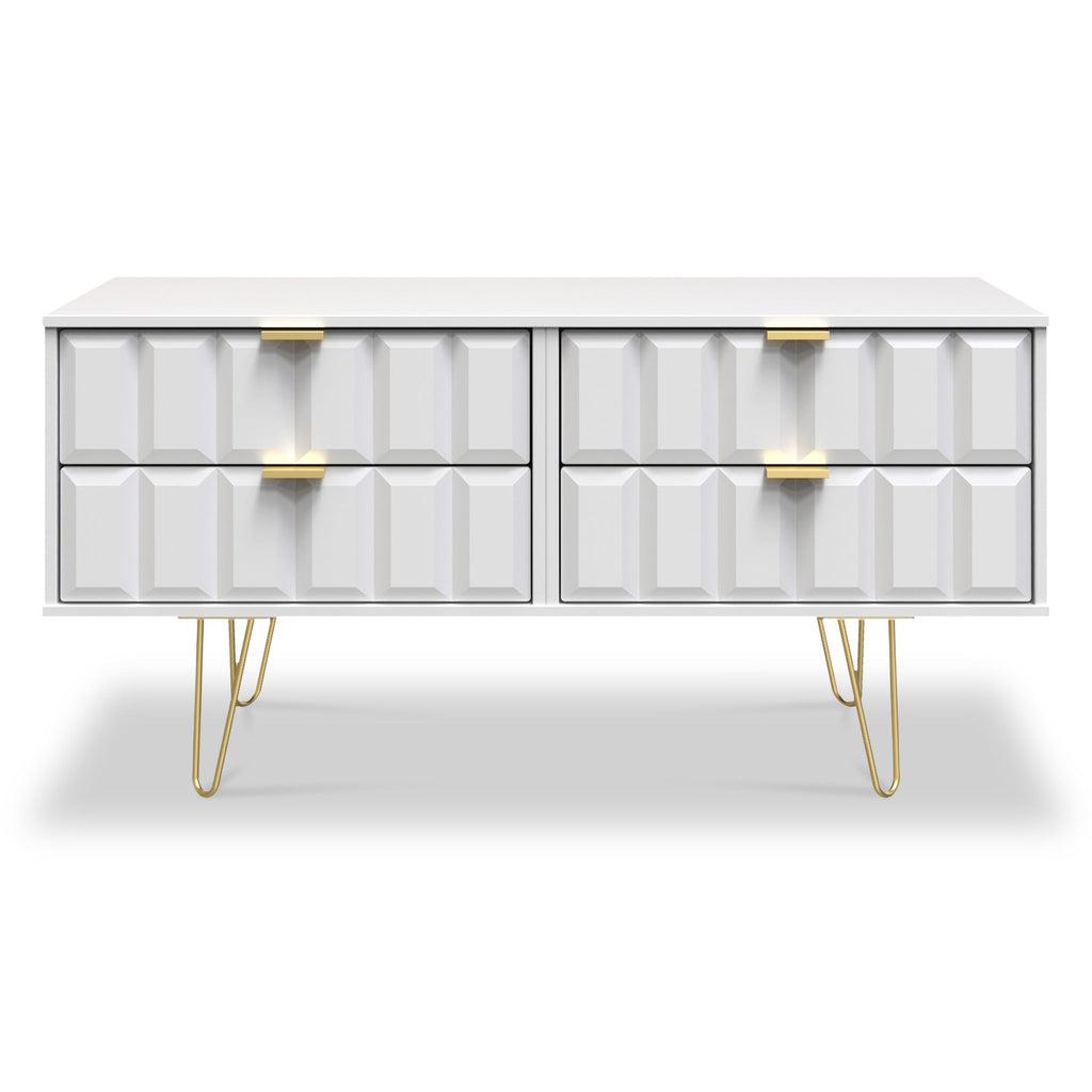 Meuble TV bas Harlow à 4 tiroirs avec pieds en épingle à cheveux dorés