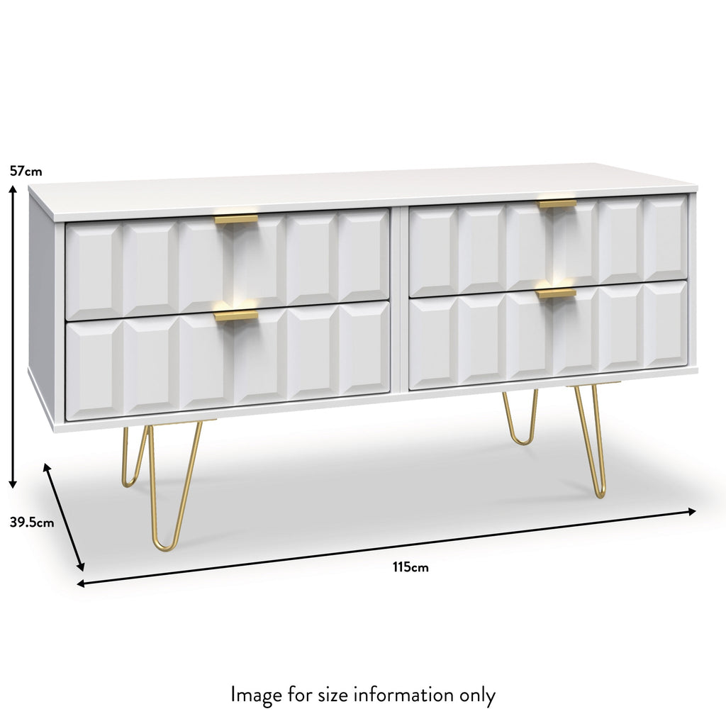 Meuble TV bas Harlow à 4 tiroirs avec pieds en épingle à cheveux dorés