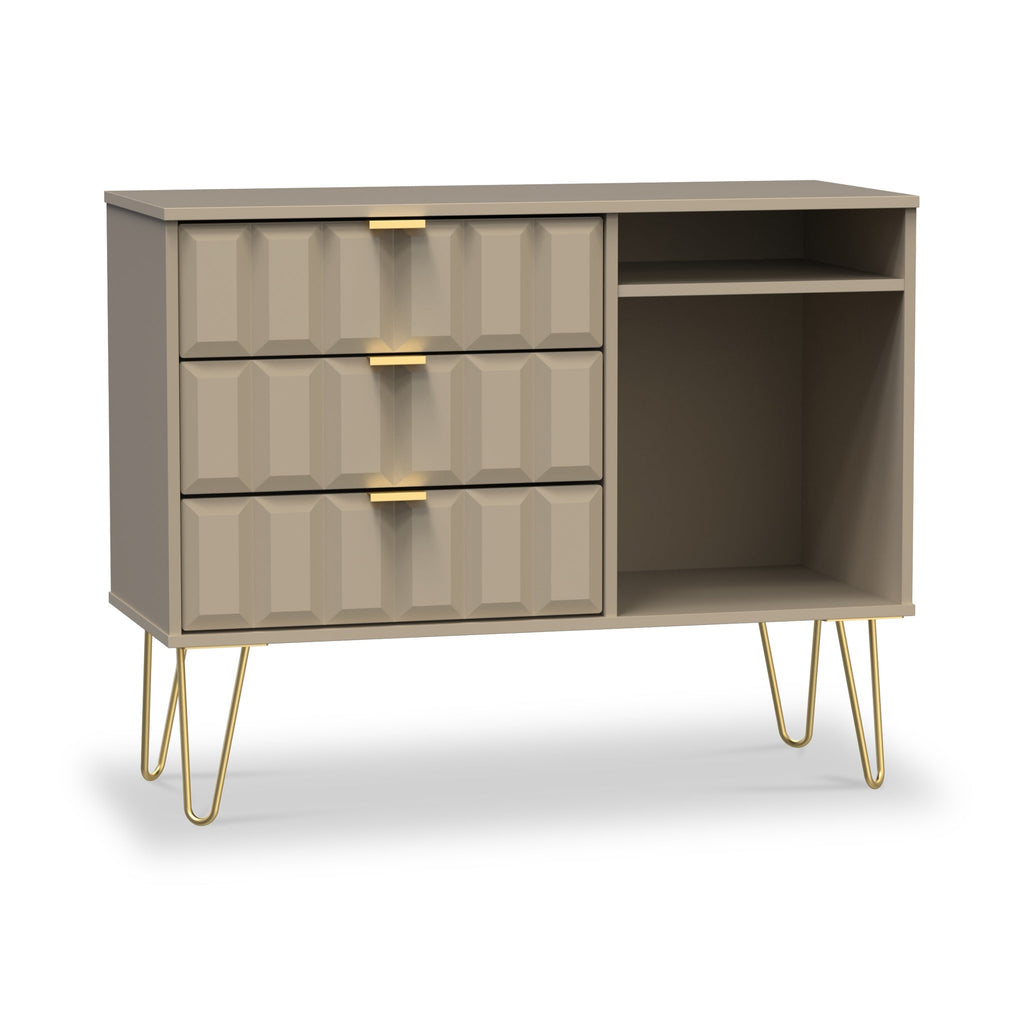 Meuble TV Harlow à 3 tiroirs avec pieds en épingle à cheveux dorés