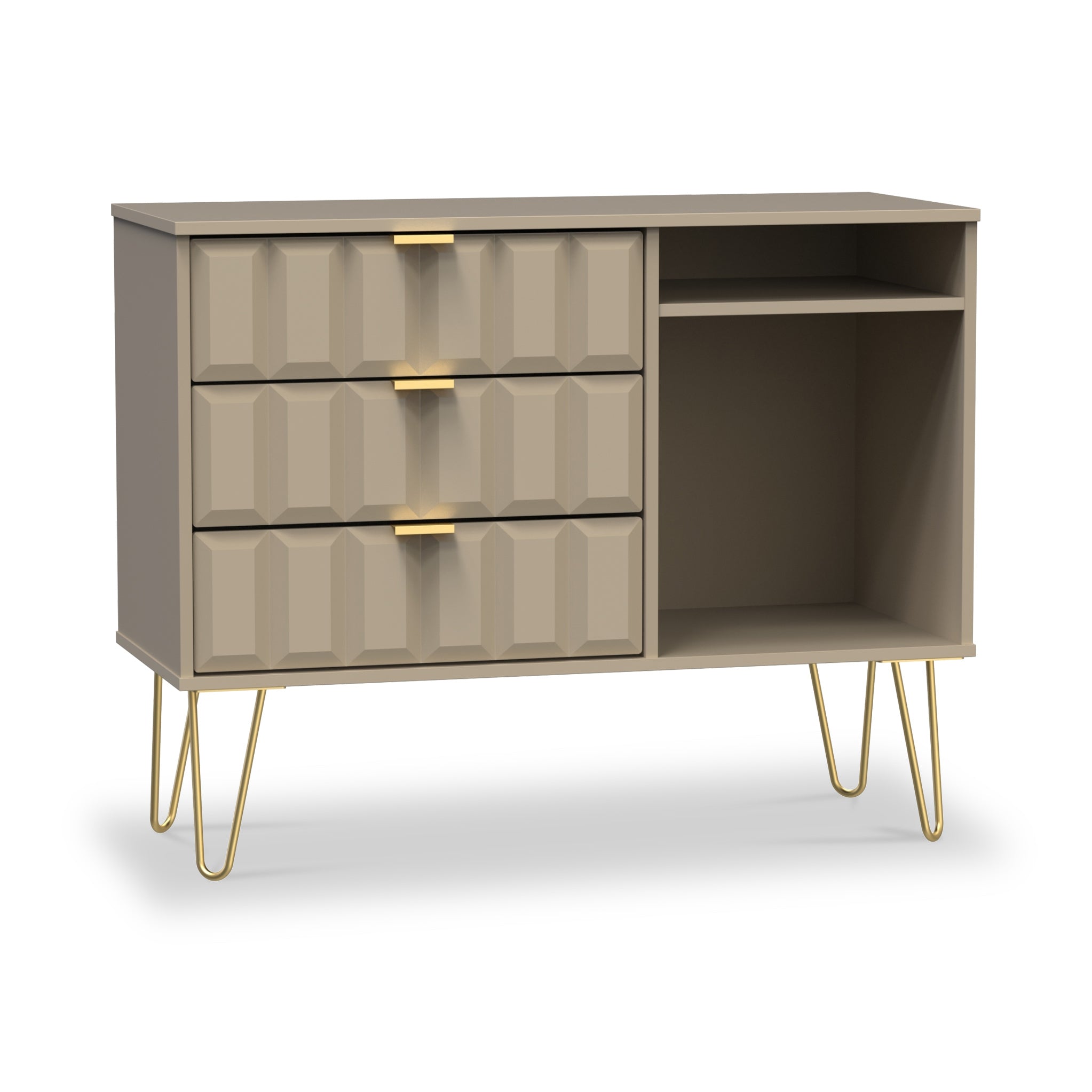 Meuble TV Harlow à 3 tiroirs avec pieds en épingle à cheveux dorés