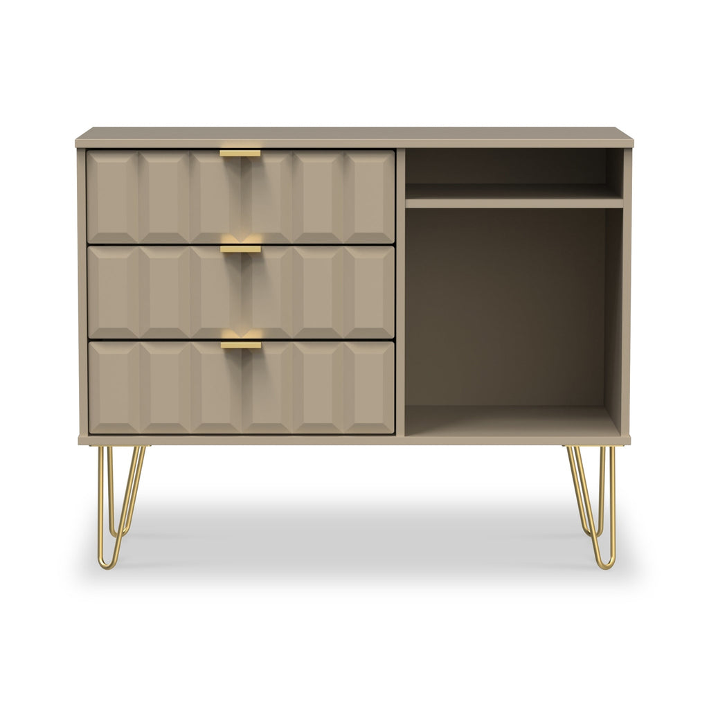 Meuble TV Harlow à 3 tiroirs avec pieds en épingle à cheveux dorés