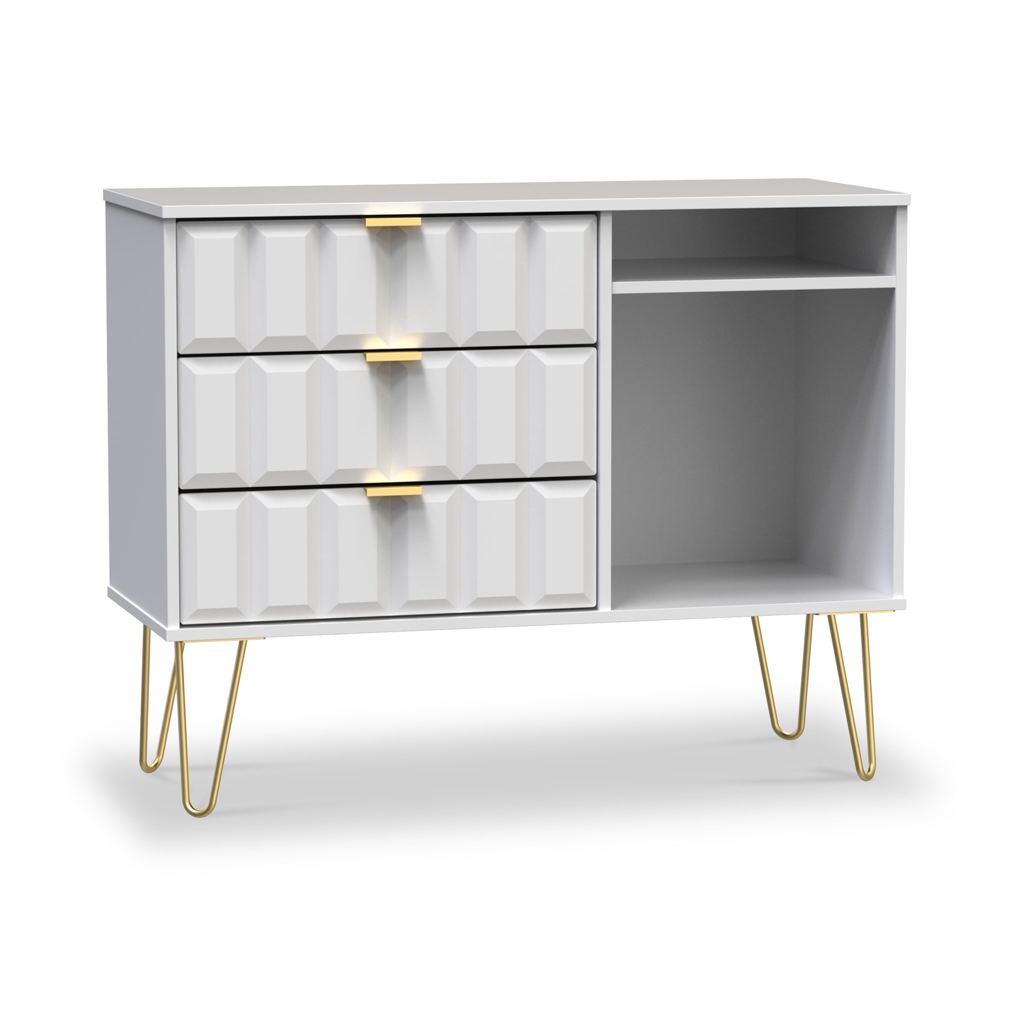 Meuble TV Harlow à 3 tiroirs avec pieds en épingle à cheveux dorés