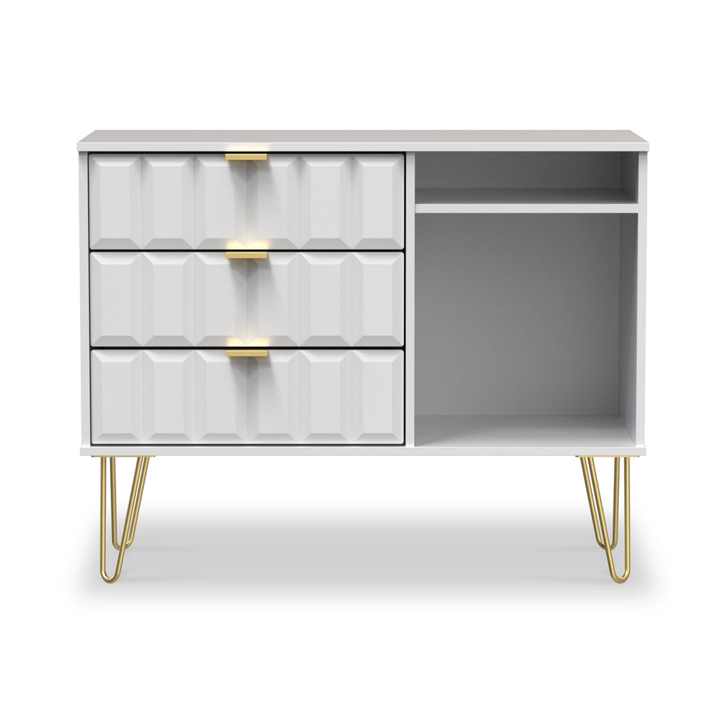 Meuble TV Harlow à 3 tiroirs avec pieds en épingle à cheveux dorés