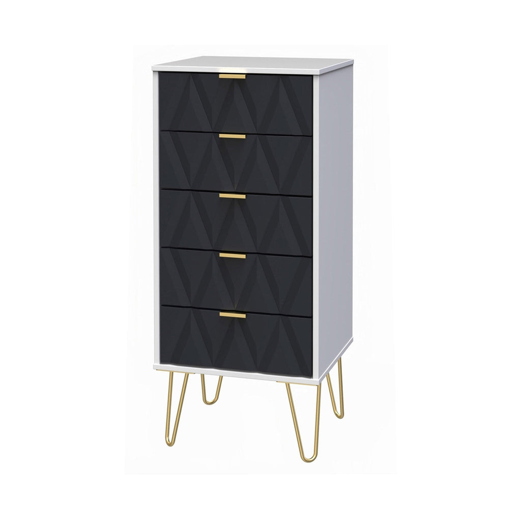 Commode haute Geo à 5 tiroirs avec pieds en épingle à cheveux dorés