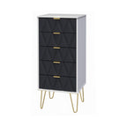 Commode haute Geo à 5 tiroirs avec pieds en épingle à cheveux dorés