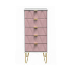 Commode haute Geo à 5 tiroirs avec pieds en épingle à cheveux dorés