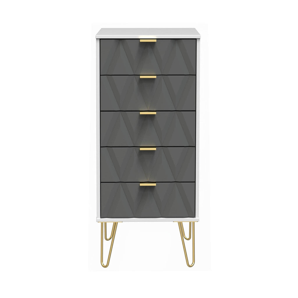 Commode haute Geo à 5 tiroirs avec pieds en épingle à cheveux dorés