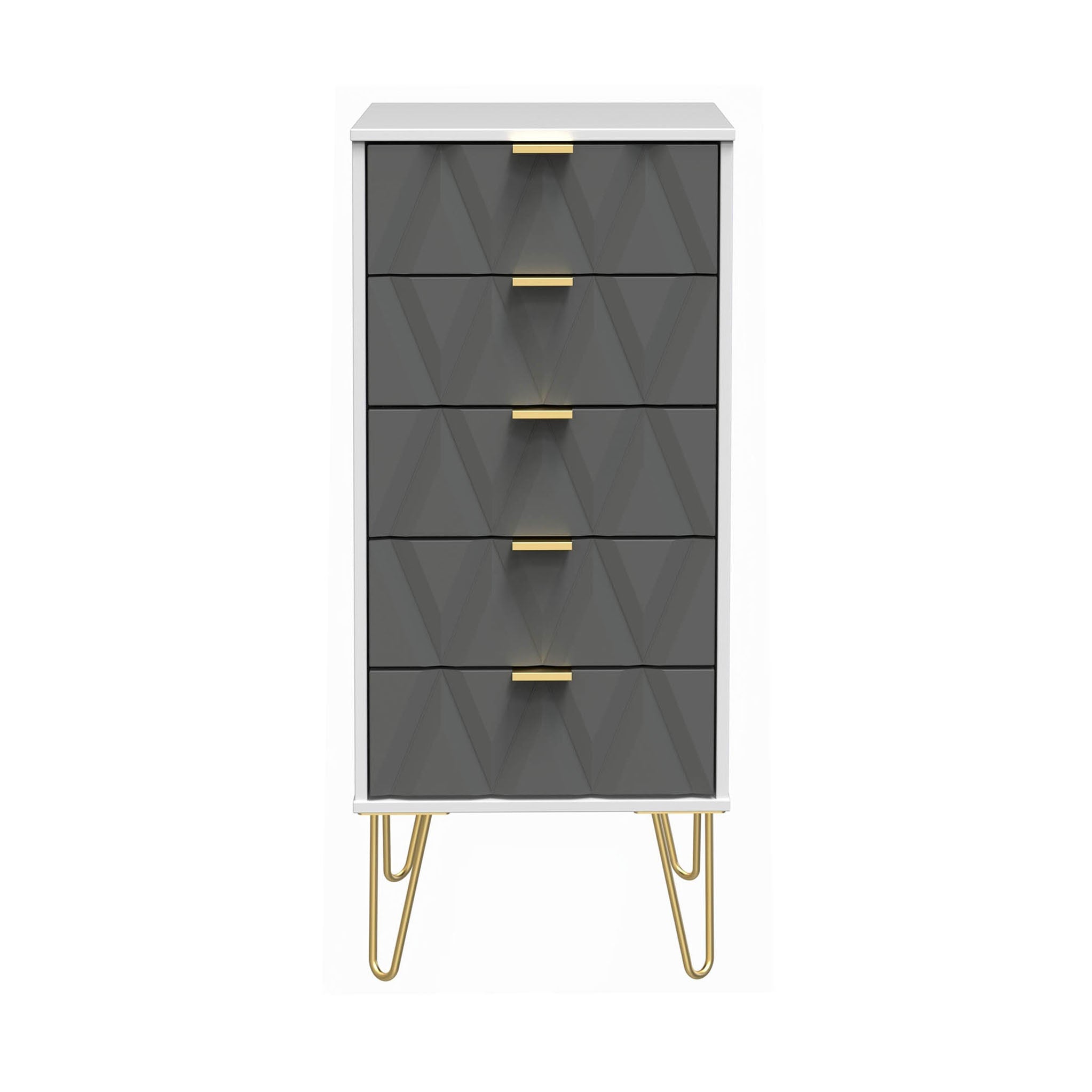 Commode haute Geo à 5 tiroirs avec pieds en épingle à cheveux dorés