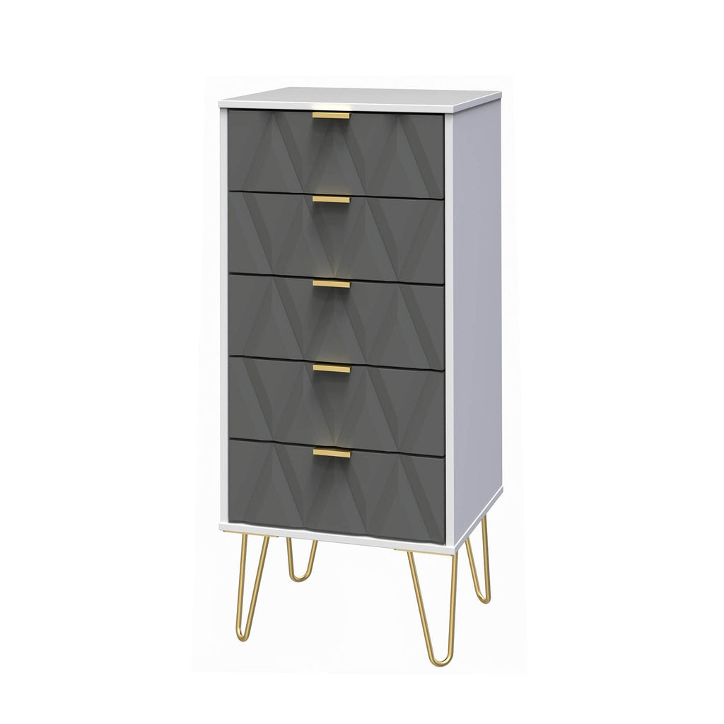 Commode haute Geo à 5 tiroirs avec pieds en épingle à cheveux dorés