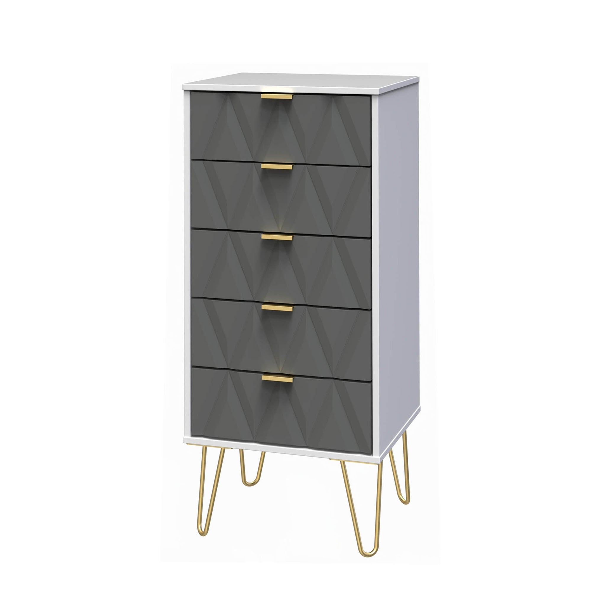 Commode haute Geo à 5 tiroirs avec pieds en épingle à cheveux dorés