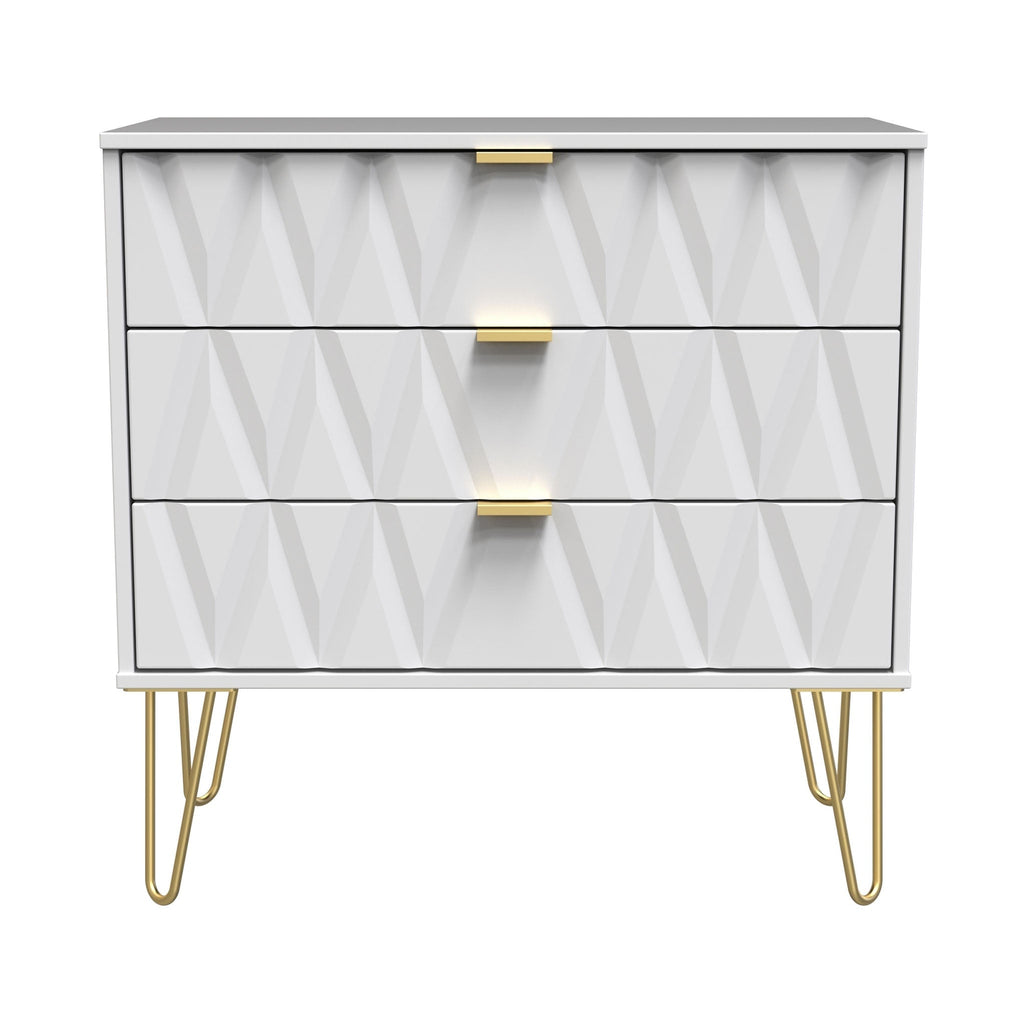 Commode Geo à 3 tiroirs avec pieds en épingle à cheveux dorés