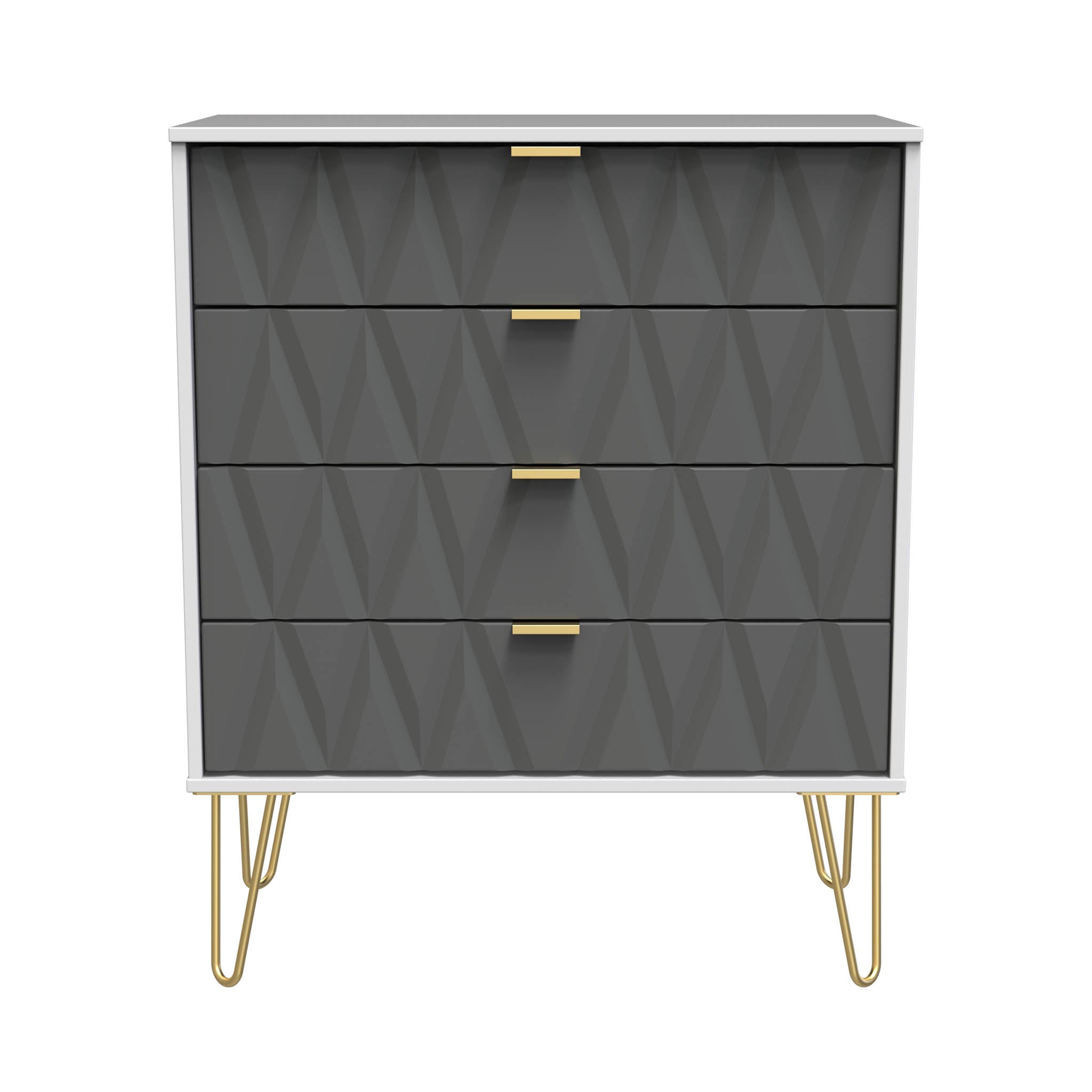 Commode Geo à 4 tiroirs avec pieds en épingle à cheveux dorés