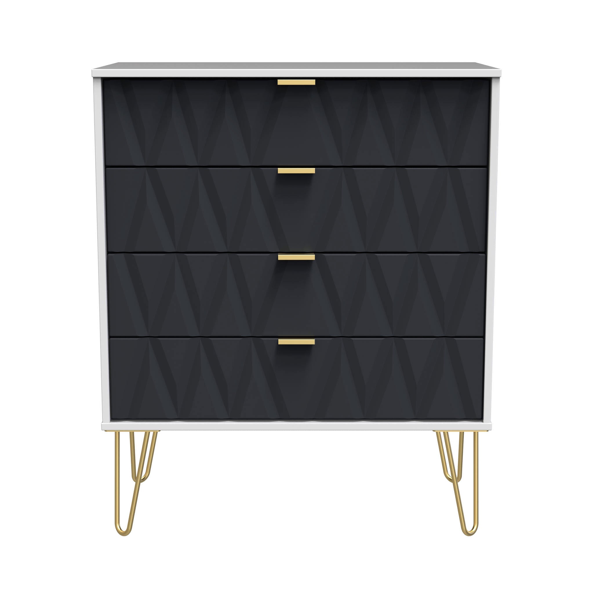 Commode Geo à 4 tiroirs avec pieds en épingle à cheveux dorés