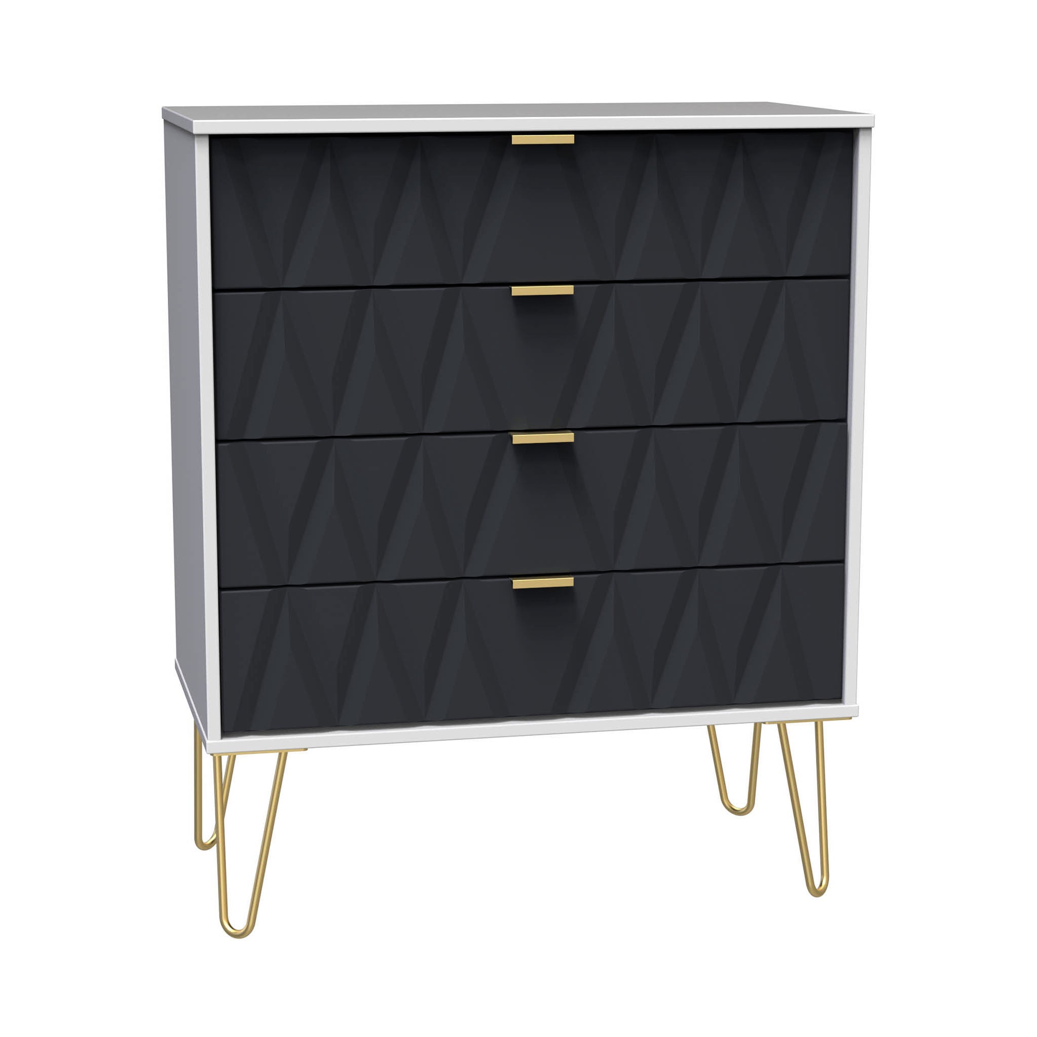 Commode Geo à 4 tiroirs avec pieds en épingle à cheveux dorés