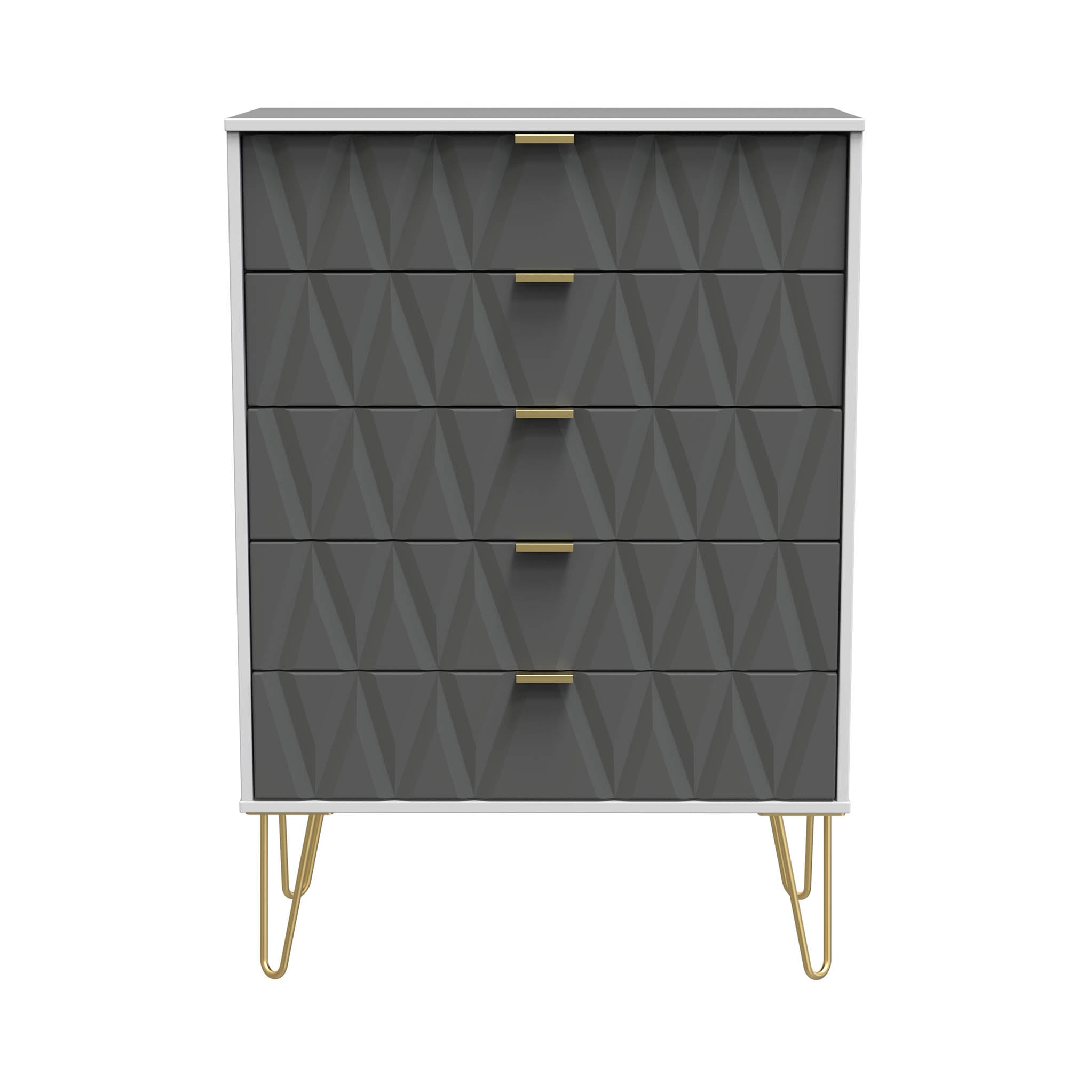 Commode Geo à 5 tiroirs avec pieds en épingle à cheveux dorés