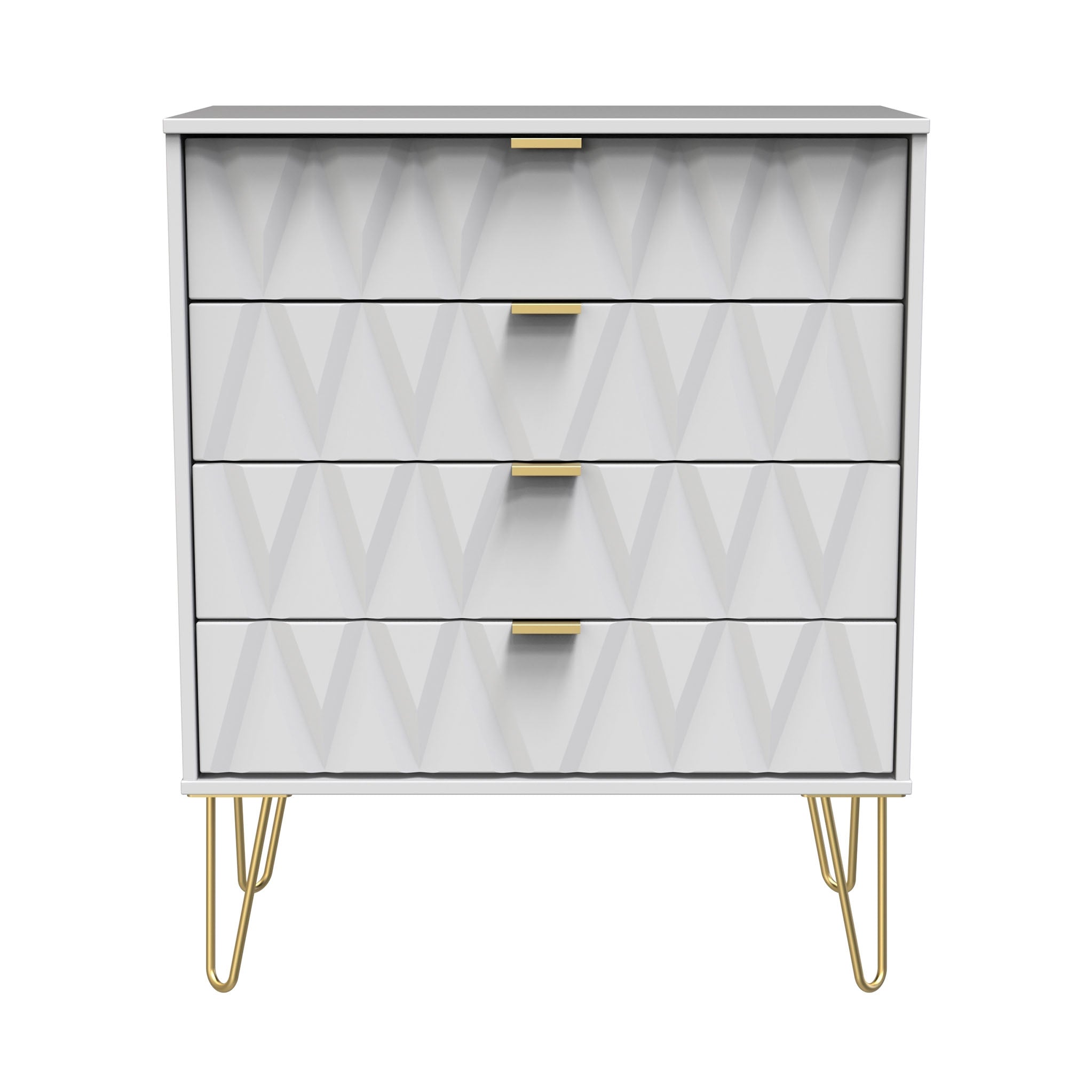 Commode Geo à 4 tiroirs avec pieds en épingle à cheveux dorés