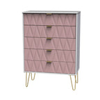 Commode Geo à 5 tiroirs avec pieds en épingle à cheveux dorés