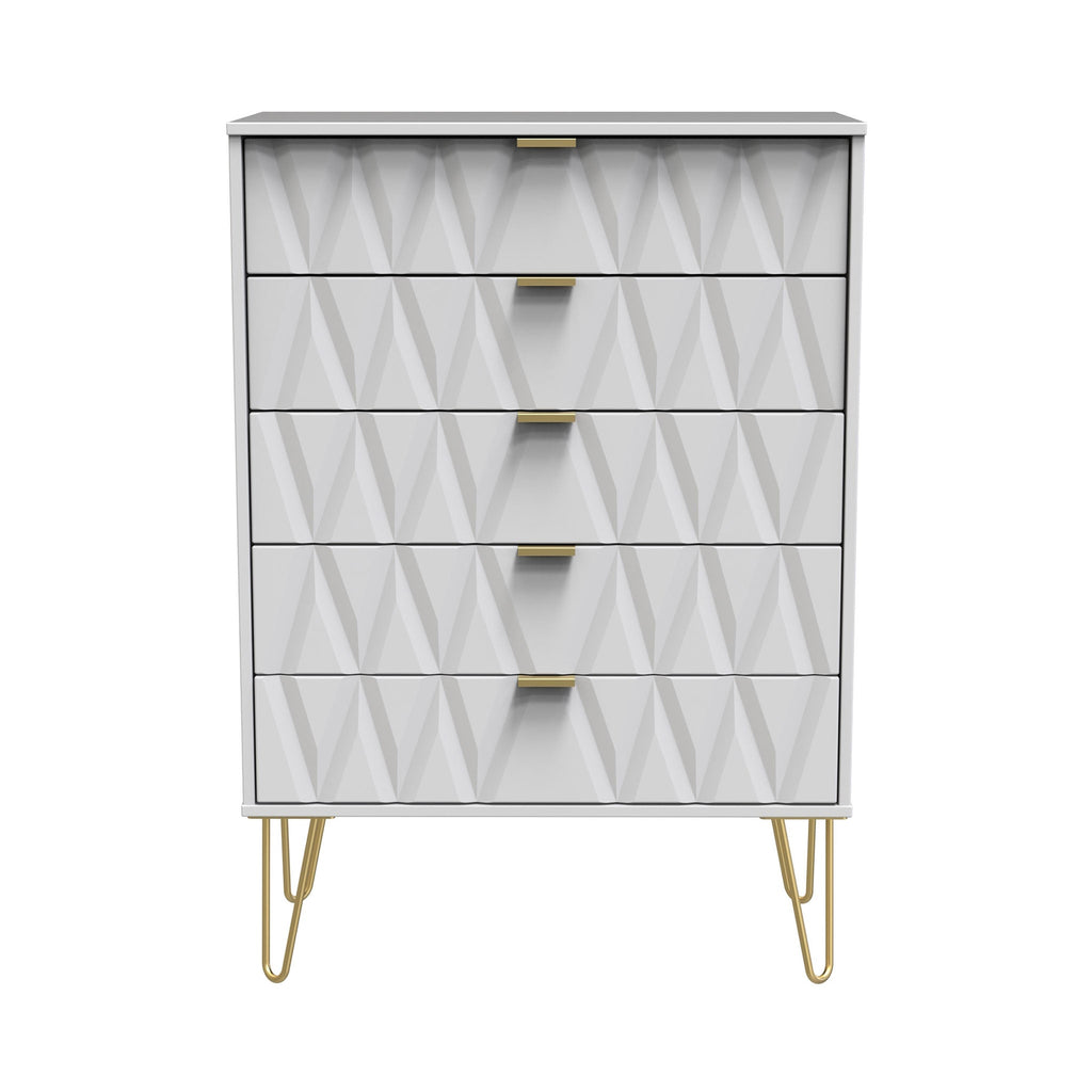 Commode Geo à 5 tiroirs avec pieds en épingle à cheveux dorés