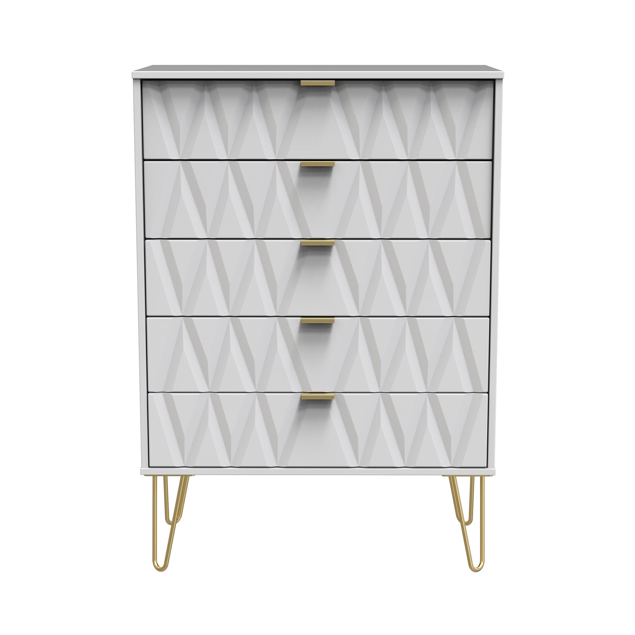 Commode Geo à 5 tiroirs avec pieds en épingle à cheveux dorés